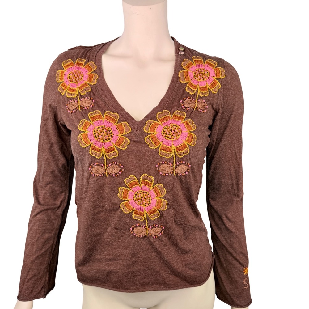 JOHNNY WAS Joystick Hand Stitched Top Womens M Brown Floral Embroidered V-Neck